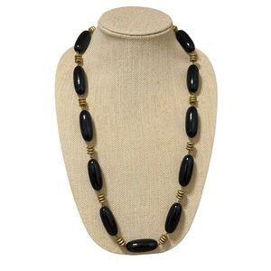 Vintage Chunky Black Gold Beaded Necklace Retro Statement Costume Jewelry 29"